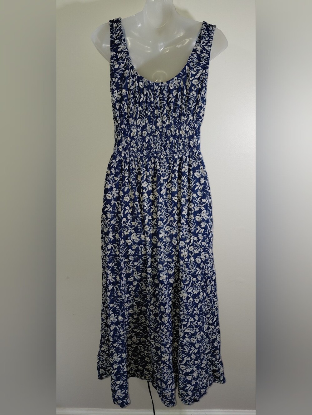 Faherty Sunseeker Smocked Waist Midi Dress Coastal Bloom Floral Blue Size M